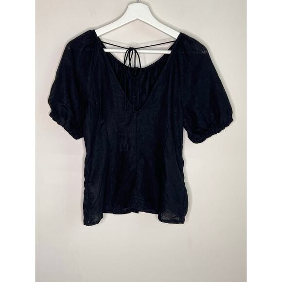 NWT J, Crew Puff Sleeve V-Back Button-Front Linen Blouse Top Black Womens Size 2 - Picture 6 of 11